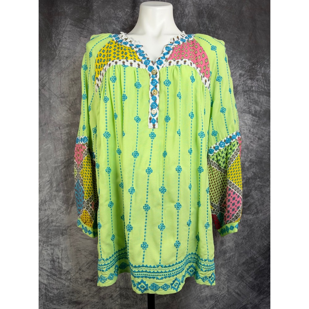 NWT John Mark Tunic Women XL Lime Green Embroidered Patchwork Island Dreaming